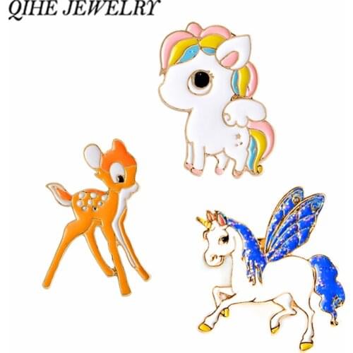 QIHE JEWELRY Candy Rainbow Little Horse Deer Cute Enamel Pin Button Badges Gift For Child Jewelry Animal pins