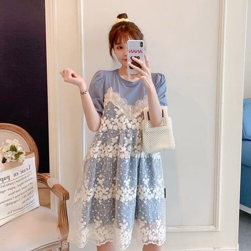 Lace Patchwork Maternity Dresses Pregnant Women Elegant Fashion Clothes Cotton Summer Short Sleeve A-Line Dress Pregnancy Dress