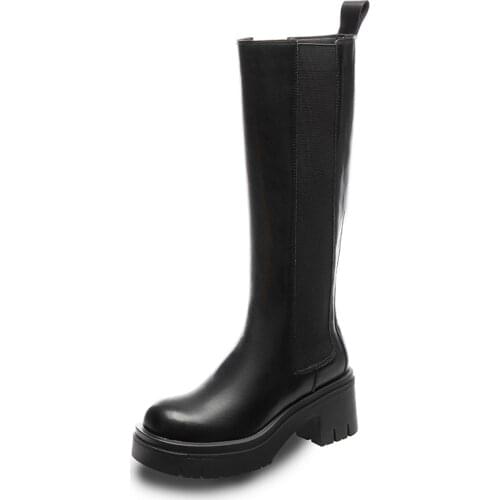 2021 new slim full leather knight boots female thick-heeled Martin boots but knee thick-soled long-tube Chelsea boots