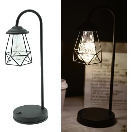 Retro Iron Art Minimalist LED Table Lamp Battery/USB Hollow Diamond Shape Reading Lamp Bedroom Bedside Lighting