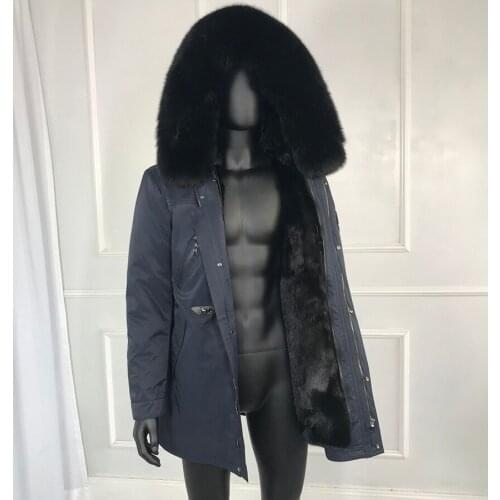 Winter Thicken Fur Lining Mens Overcoat Real Fur Collar Hooded Jacket real mink fur lining natural fox fur hood collar parkas