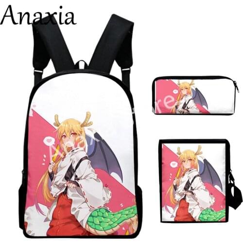Kobayashi-san chi no maid dragon Merch backpack set 3 pieces lightweight youth school bag 3D printing messenger bag pencil case