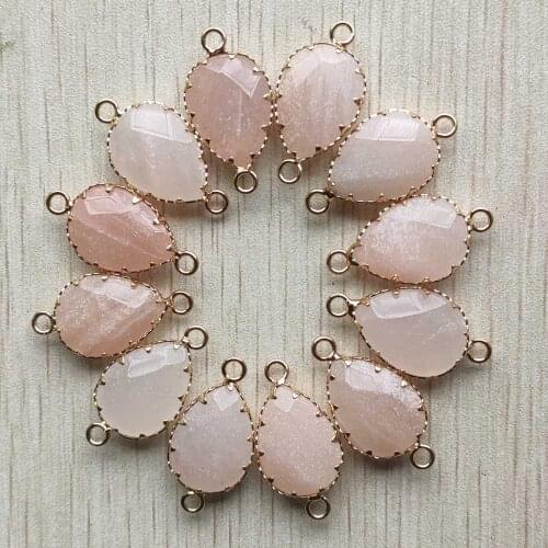 Wholesale 12pcs/lot Natural pink aventurine section water drop golden connector pendants for jewelry accessories making free