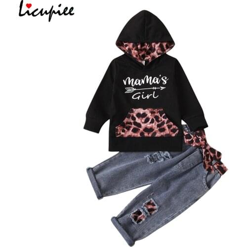Autumn Little Girls 2-piece Leopard Print Suit Ripped Jeans Hooded Long Sleeve Sweater Letter Pocket 0-3 Years