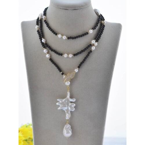 Z11102 44" 42mm White Baroque Plum Blossom Round Pearl Black Agate Chokers Necklace Pendant