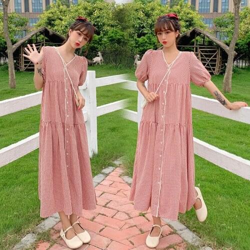 9052# Maternity Dress Summer Plaid Cotton Short Sleeve Loose Stylish Dress for Pregnant Women Mom Dress
