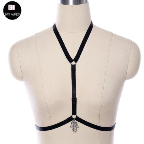 Women Fashion Fatima Hand Charms Body Harness Black Goth Top Cage Bra Elastic Adjustable Punk Pole Dance Bondage Harness Belt