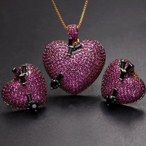 Luxury Heart Shape Stud Earrings Pendant Necklace Jewelry Sets Paved Micro Cubic Zirconia stone crystal Gold Color CZ Bridal Set