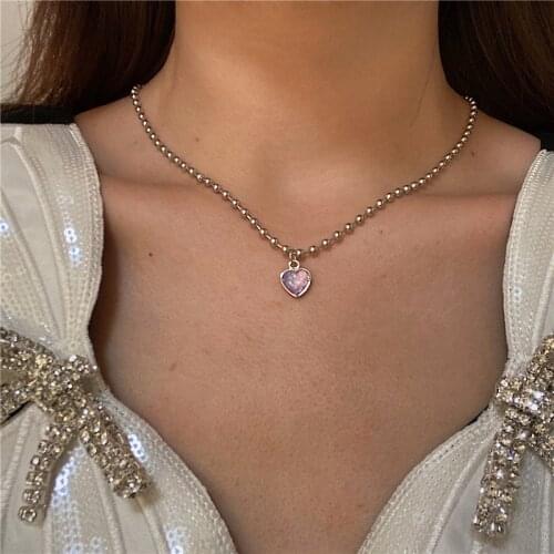 Kpop Trendy Purple Heart Titanium Steel Short Clavicle Silver Color Chain Necklace For Women Aesthetic Jewelry 2021 Fashion