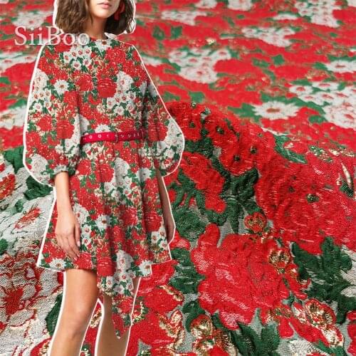 Siiboo metallic gold thread jacquard fabric for women dress trench coat red flower green leaves tissu sp6405