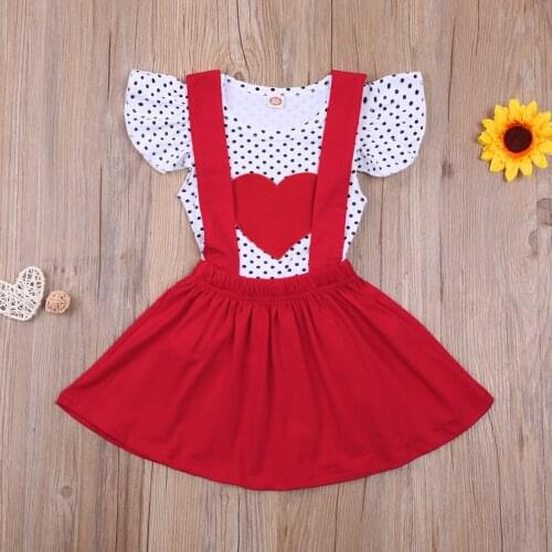 New Valentines Day Girls Skirt Two Pieces Suit Fashion Polka Dot Heart Fly Sleeve T-shirt and Solid Color Suspender Skirt