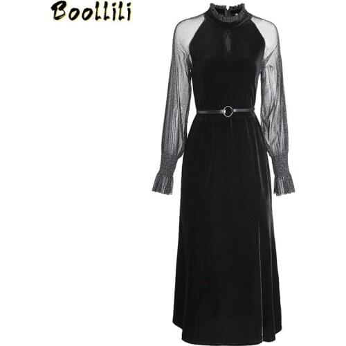 Boollili 2020 Spring Autumn Dress Women Mesh Long Office Dress Elegant Blue Party Velvet Korean Ladies Dresses Bodycon Vestidos