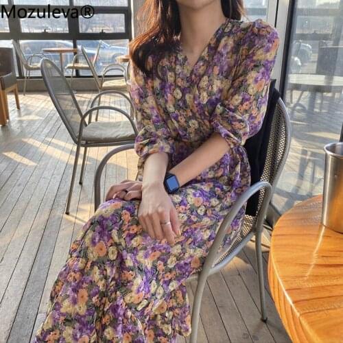 Mozuleva 2020 Elegant Spring Summer Dress for Women Chic V-neck Floral High Waist Female Dress Purple Chiffon Vestidos femme