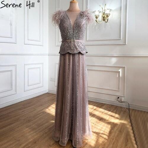 Meat Pink Luxury Evening Dresses Gowns Long 2021 Beading Feathers A-Line For Women Party Night BLA70929 Serene Hill