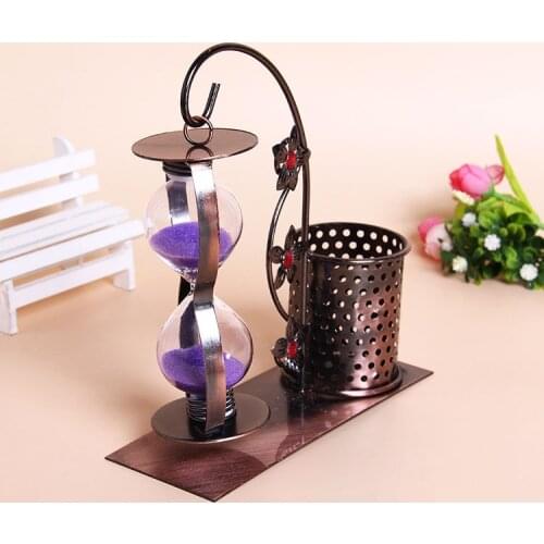 1PC Iron Flowers Hourglass Figurines Home Office Pen Stationery Ornaments Desktop Decoration Shooting Props Sandglass MB 001
