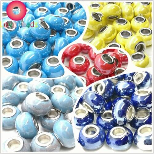 10 Pcs Color Round Ceremic Beads Smooth Large Hole Glass Spacer Beads Silver Plated Fit Pandora Bracelet Snake Chain DIY Jewelry