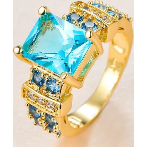 Aqua Blue Crystal Zircon Ring Square Stone Rings For Women Men Wedding Jewelry Vintage Fashion Yellow Gold Birthstone Male Ring