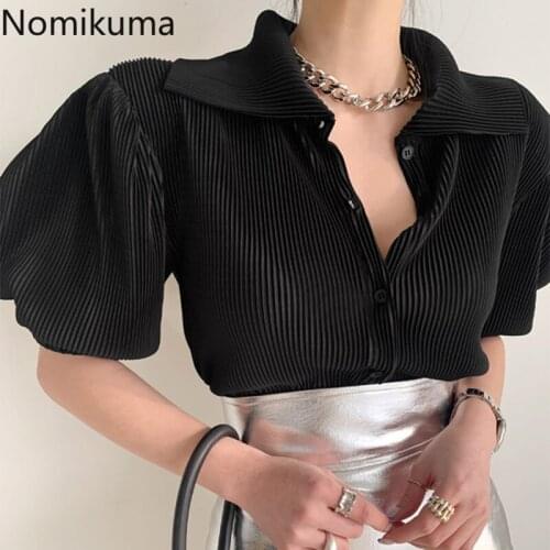 Nomikuma Women Blouses Korean Puff Short Sleeve Turn-down Collar Shirt 2021 Spring Summer New Causal Blusas De Mujer 6F610