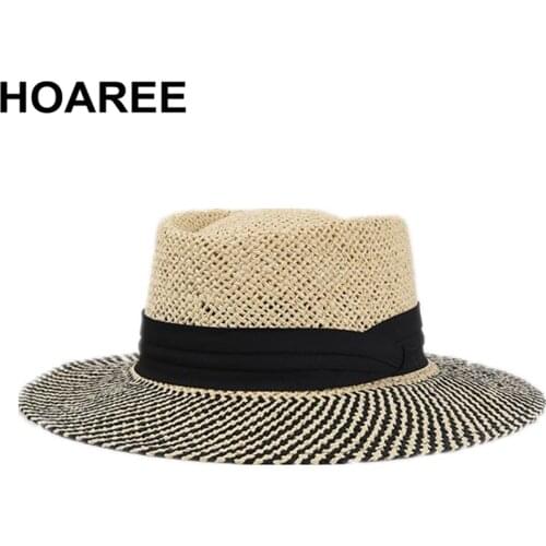 HOAREE Panama Hat Men PorkPie Sun Hat Summer Straw Wide Brim Fedora Male Hand Knitting Black Patchwork Casual Beach Tribby Hat