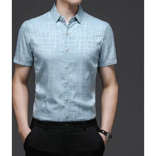 Man Silk Shirts New 2021 Summer Mens Soft Smooth Clothes Short Sleeve Male Striped Silk Dress Shirts