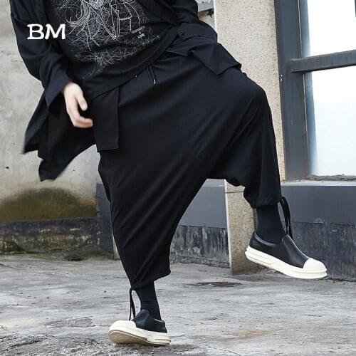 Men Japan Kimono Harem TrousersMale Punk Gothic Hip Hop Fashion Pocket Streetwear Oversize Loose Casual Black Cross Pants