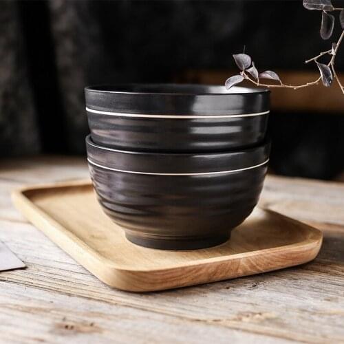 Set of 2pcs Black Porcelain Bowl Set with Golden Line Round Soup Bowl Ramen Noodle Bowl for Couples Ceramic Dinnerware 6 inch