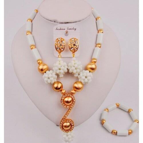 Latest Nigerian Wedding African Beads White Jewelry Set Costume Jewellery Necklace ZAQ6-06
