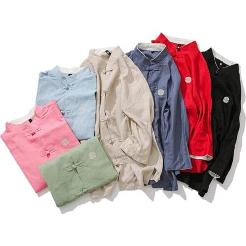 2021 New Chinese Style Mens Tops Tang Suit Linen Long Sleeve Solid Traditional Kung Fu Hanfu Men Shirt Plus Size M-5XL