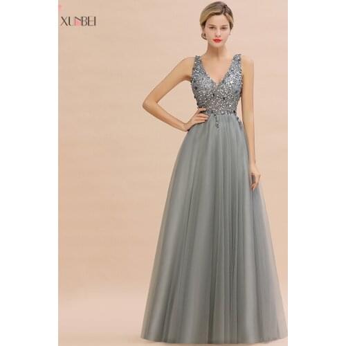 New Arrivals Luxury Evening Dresses Robe De Soiree Sexy V Back Sequins Prom Gown Vestido De Festa Beads Crystals Tulle
