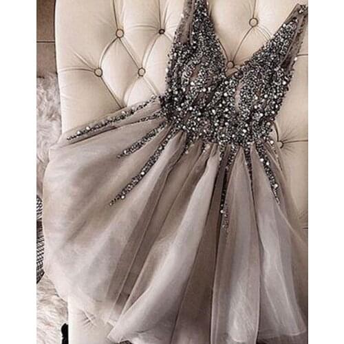 New Arrival Sexy V Neck Heavy Major Beaded Custom made A Line Grey Cocktail Party Dresses