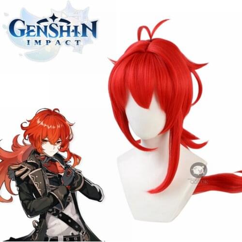 Game Genshin Impact Diluc Cosplay Wigs Red Long Cosplay Wig Ponytail Wigs Heat Resistant Synthetic Hair Halloween