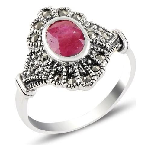 Silver 925 Sterling Ruby & Marcasite Ring