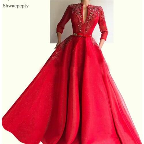 Chic Red A Line Formal Evening Dresses Appliques Lace Beaded Long Prom Dress With Sleeves Abendkleider Islamic Dubai Kaftan
