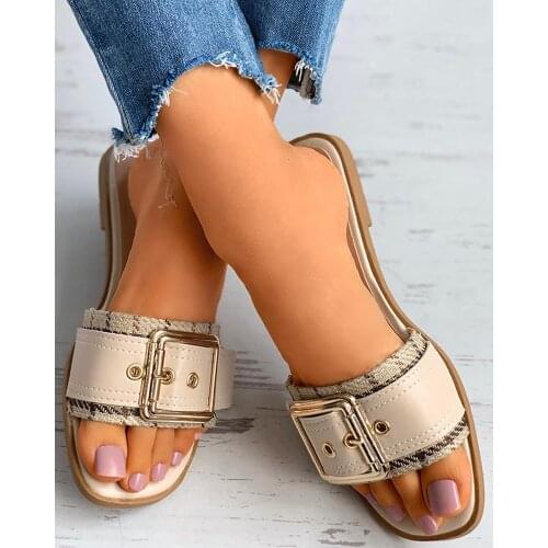 Women Slippers Summer Gingham Canvas Pu Patchwork Slip on Buckle Decoration Beach Outdoor Slides Casual Sandals Ladies Shoes