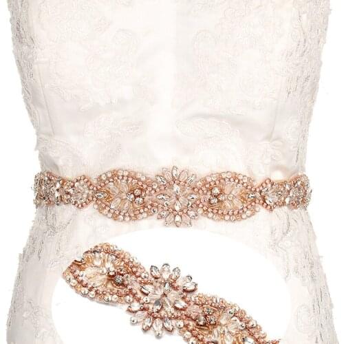 YANSTAR Bridal Rhinestone Wedding Belts Rose Gold Crystal 46CM Length Iron On Ribbons With Box For Bridal Gowns