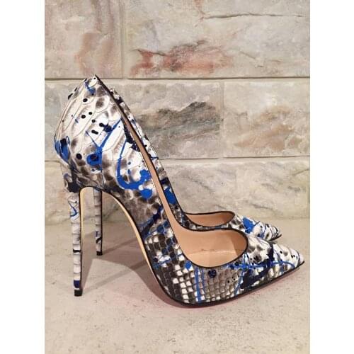 Female Sexy Blue Printed Snakeskin Wedding Pumps Stiletto Heels Pointed Toe Slip-On Party High Heels Dress Single Shoes