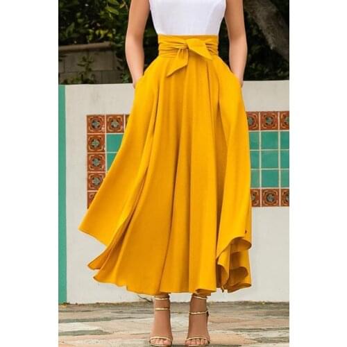 Women Bowknot Elastic Gypsy Costume Flared Solid Plain Swing Skirts Pleated Female Long Skirt Cocktail Party High Waist Skirt