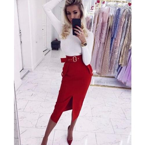Brand New Women Fashion Thick Rayon Bandage Skirt 2020 Designer High Street Split Mid-calf Party Bodycon Skirt with Belt 72cm