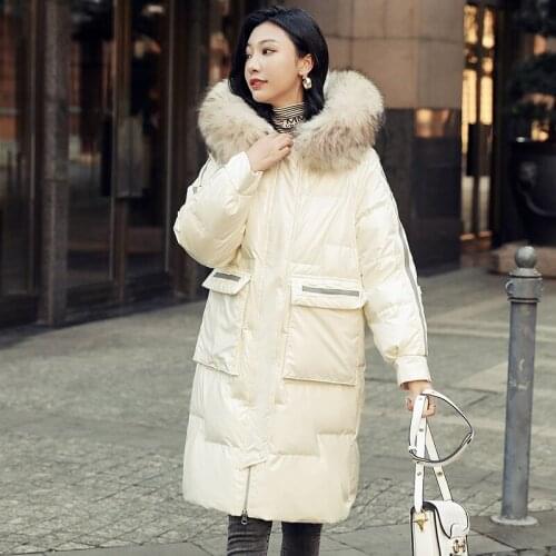 Womens Long Parkas Hooded with Fur Thick Ladies Winter Jacket Glossy Pockets Long Sleeve Warm Coat Outwear for Female 2021