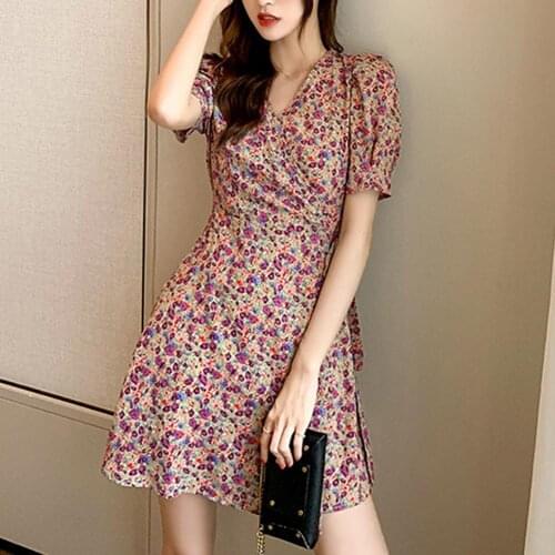 Women Dress V Neck Floral Printed Polyester A-line Mini Streetwear for Party