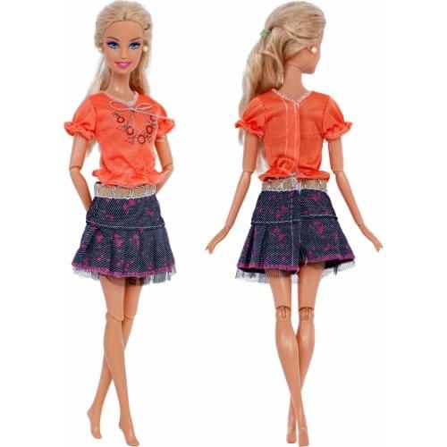 1 Pcs Fashion Outfit Daily Dating Wear Orange Flower Shirt Denim Skirt Sexy Dress Clothes For Barbie Doll Accessories Kids
