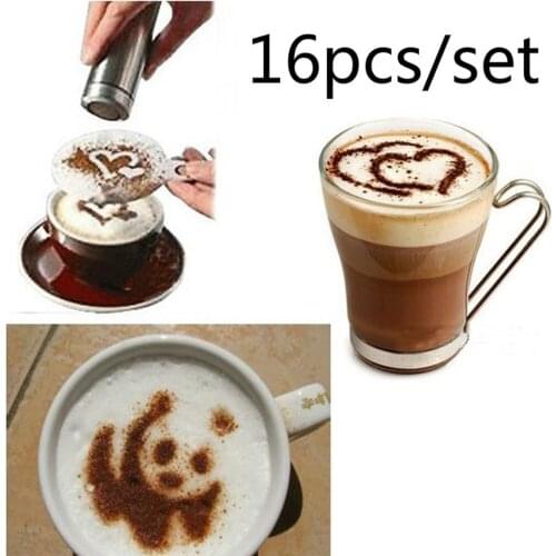 16pcs Coffee Stencil Filter Coffee Maker Cappuccino Coffee Barista Mold Templates Strew Flowers Pad Spray Art Coffee Tools Hot