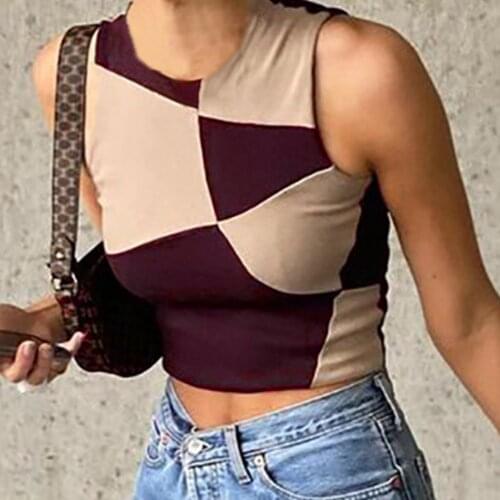 2021 Patchwork Sleeveless Crop Top Women Y2K Summer Casual Basic T Shirts Sexy Off Shoulder 90S Brown Sleeveless Tank Tops