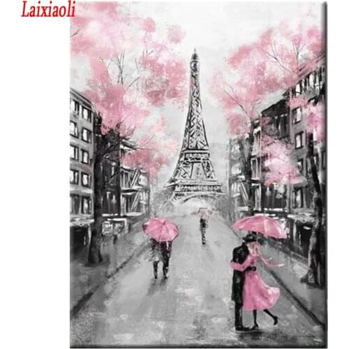 DIY diamond painting Pink Umbrella Rainy Day Landscape diamond embroidery mosaic Romatic Couple Paris Tower City wedding decor