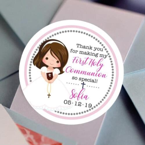 100 PCS, 3-7CM, Custom Personalized, Girl First Communion Stickers, Personalized First Holy Communion Favor Labels Seals