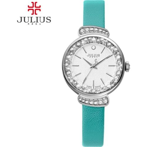 JULIUS JA-866 Womens Fashion Dress Watch Rhinestone Whatches Mint Green Pink Leather Strap Slim Watch for Small Wrist Relogio