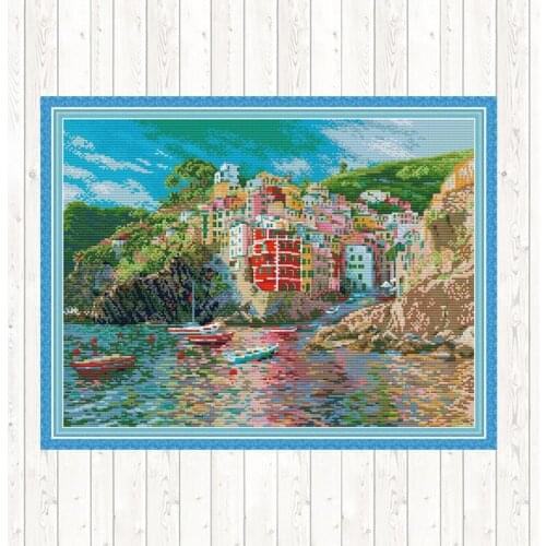 The Seaside Town Landscape Painting 14ct DIY Needlework Sets for Embroidery Cross Stitch 11CT Counted Print on Canvas Home Decor