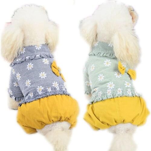 Dasiy Pattern Plaid Dog Clothes Pet Overalls Winter Bowknot Lace Jumpsuit Short Sleeve Sweatshirt Coat Outfit Clothing Costume L