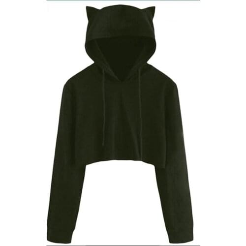 Short Hoodie Crop Tops Solid Cat Ear Long Sleeve Cropped Sweatshirt Hooded Pullovers Harajuku Hoody Womens Sweatshirts