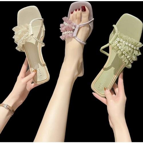 Summer new fairy lace pearl low-heeled design trendy beach shoes